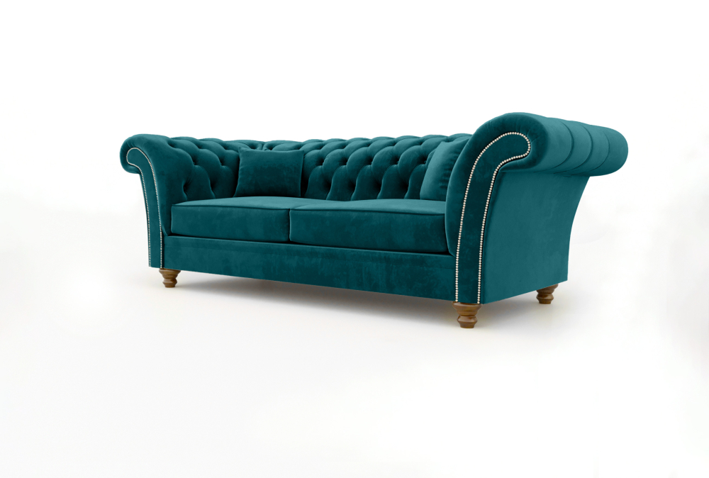 Chesterfield Leicester Sofa-3 Seater -Velvet-Turkish Blue